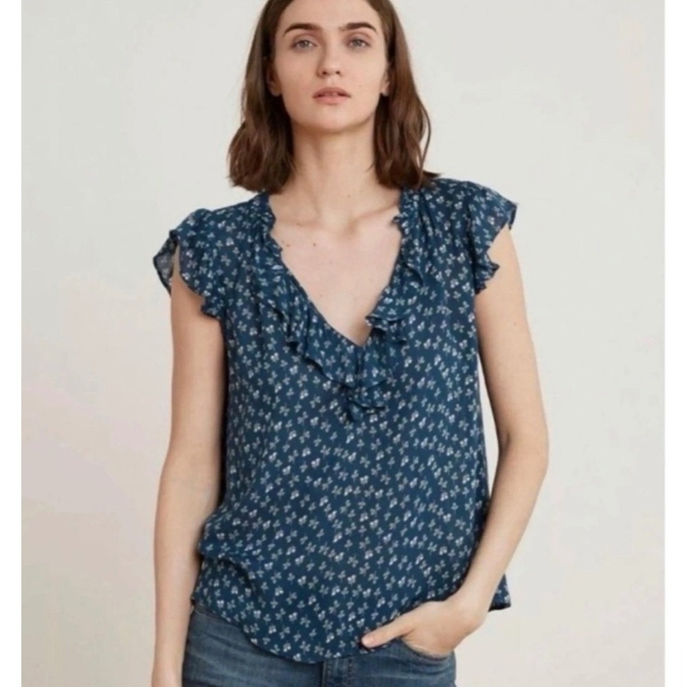 Velvet by Graham & Spencer Blue Floral Ruffle V-Neck Blouse Top Womens Large